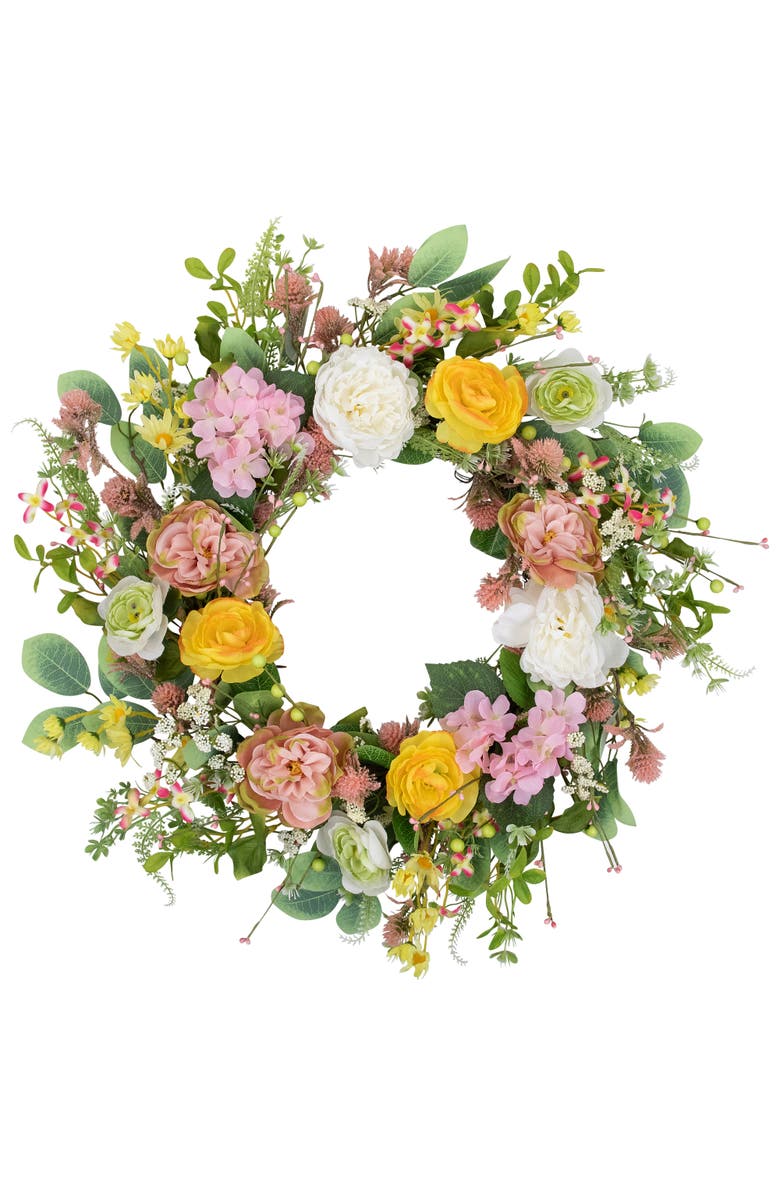 Northlight Rose and Hydrangea Floral Spring Wreath - 26" - Pink and Yellow, Main, color, Pink