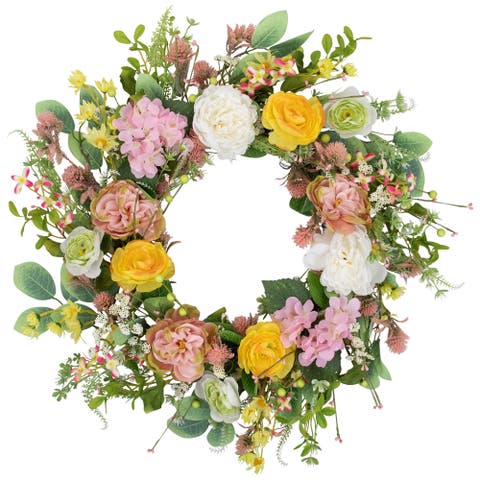 Rose and Hydrangea Floral Spring Wreath - 26" - Pink and Yellow