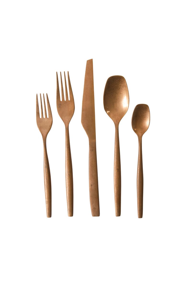 20 Piece Stone Washed Flatware 18/10 Stainless Steel Silverware Cutlery Utensil Set with Acacia Wood Caddy, Alternate, color, Gold