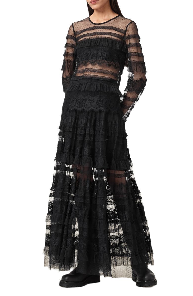 AllSaints Arlea Lace & Tulle Skirt, Alternate, color, Black