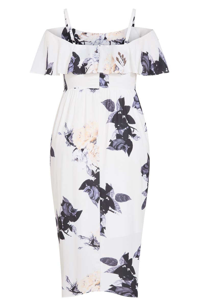 City Chic Floral Drape Cold Shoulder Midi Dress, Alternate, color, Cream Floral