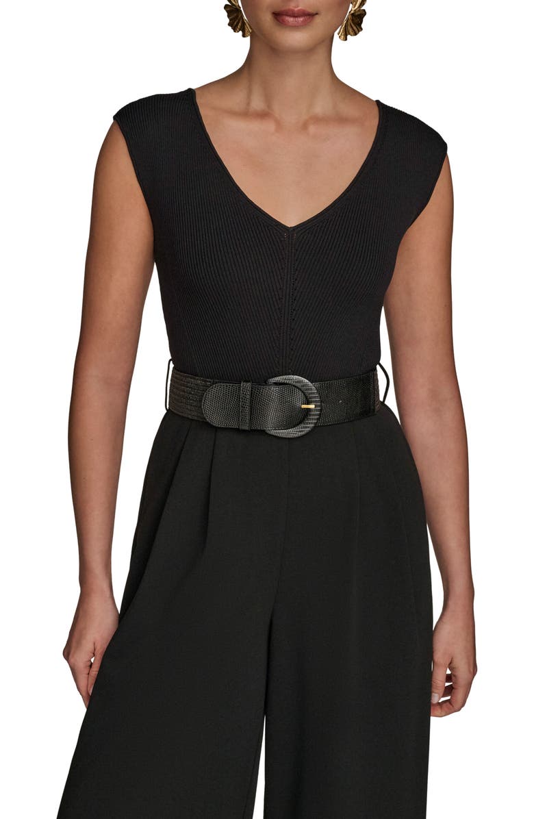 Donna Karan New York Sleeveless Belted Mixed Media Jumpsuit, Alternate, color, Black/ Black