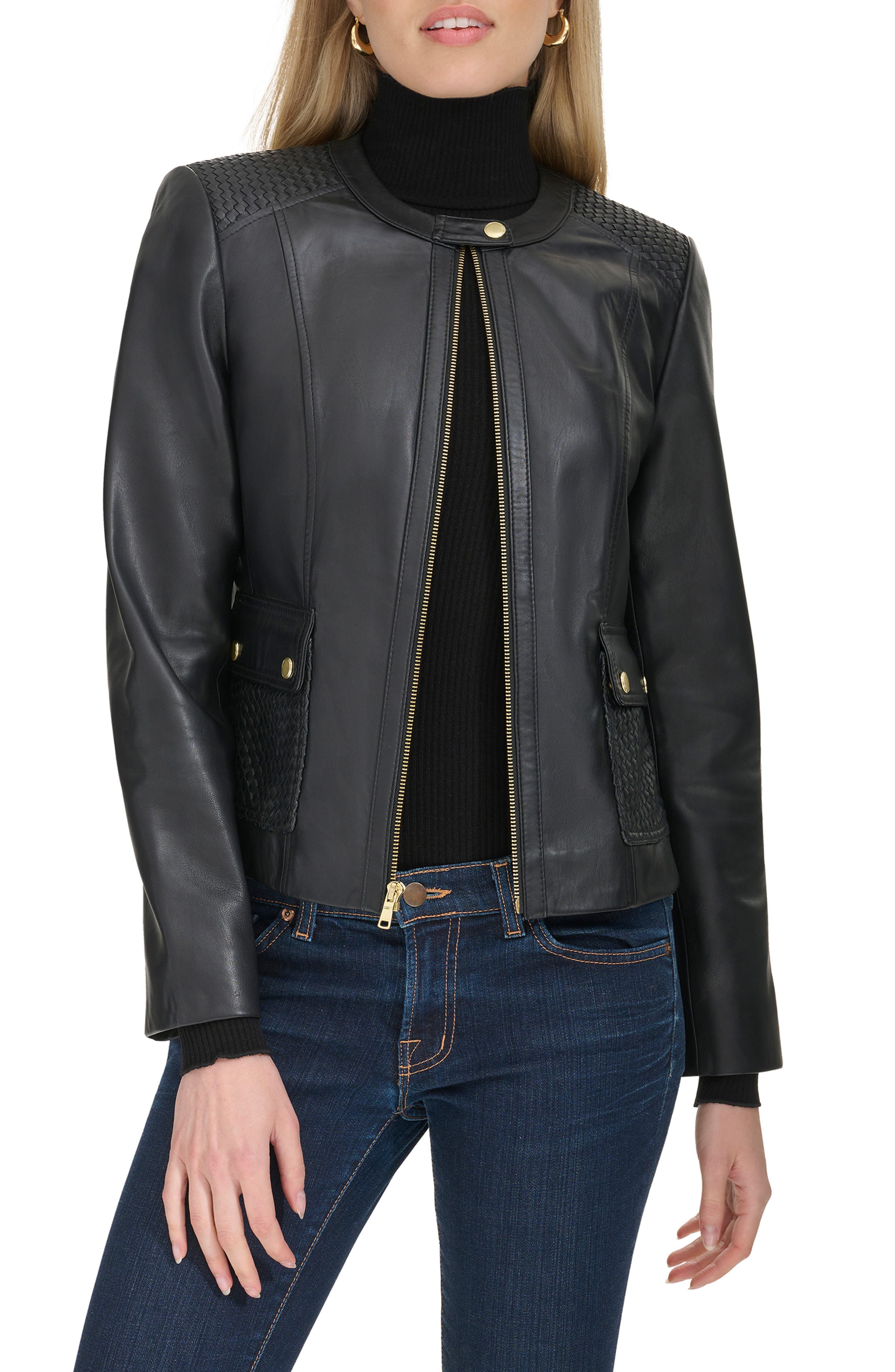 Cole Haan Woven Detail Leather Jacket