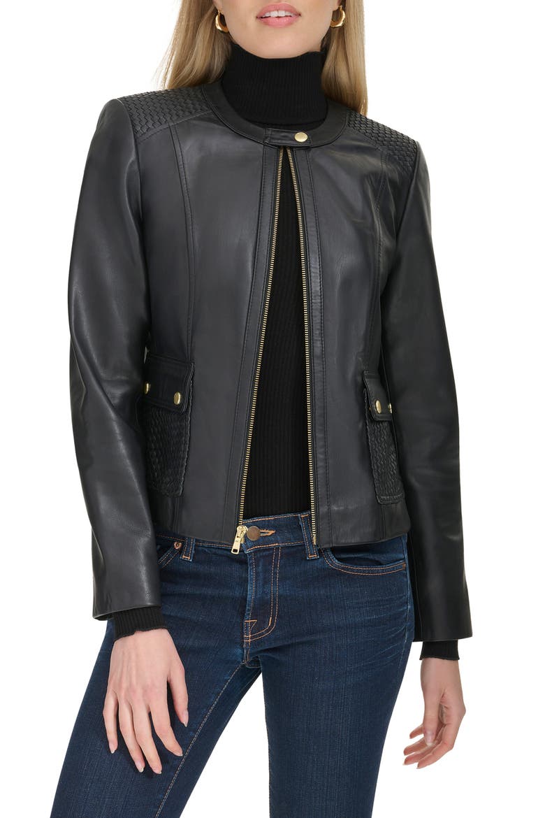 Woven Detail Leather Jacket, Main, color, BLACK