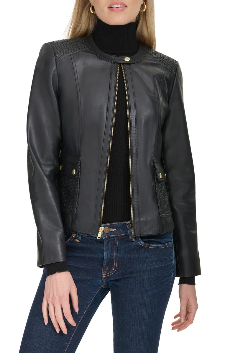 Cole Haan Woven Detail Leather Jacket, Main, color, Black