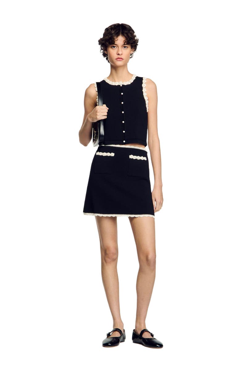 SANDRO Mini skirt with crochet details, Alternate, color, Black