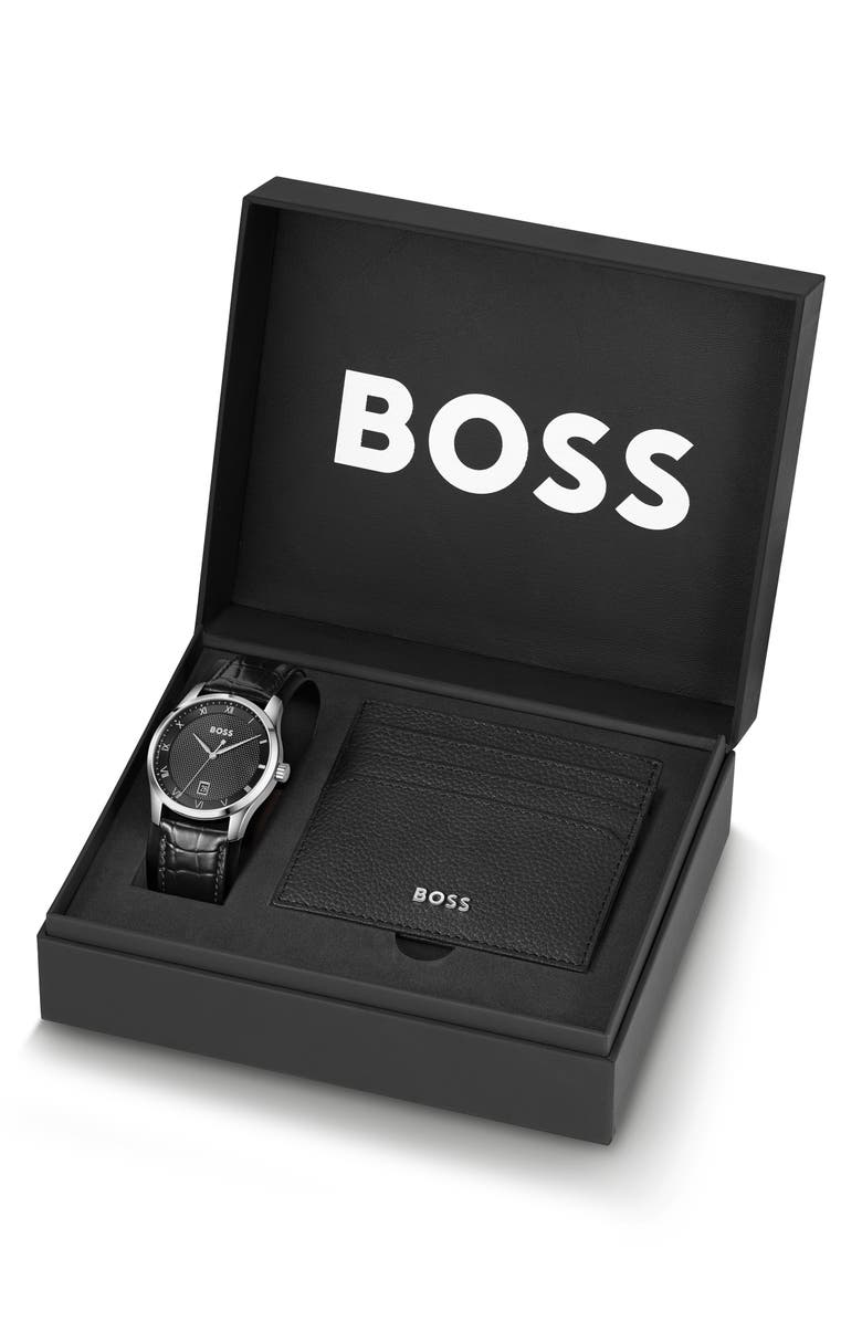 BOSS Principle Leather Strap Watch, 41mm, Alternate, color, Black