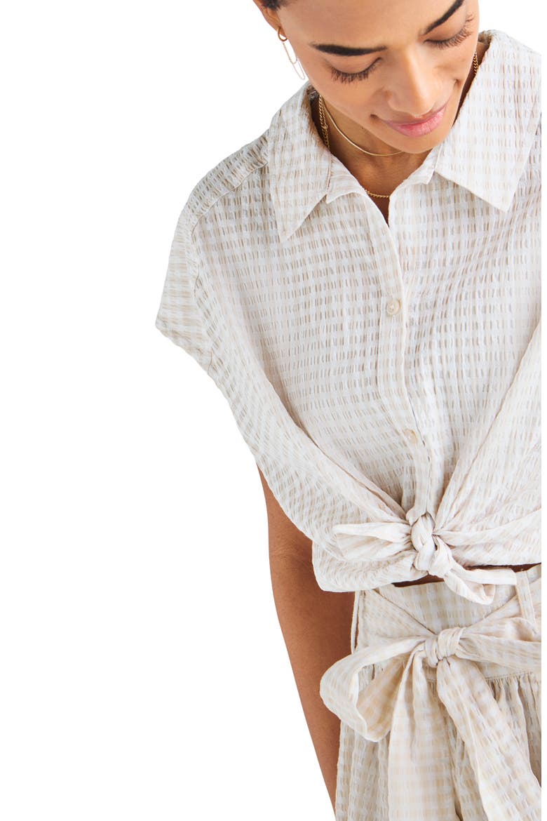 Gabrielle Cotton Blend Gingham Button-Up Shirt, Alternate, color, WHITE SAND/ WHITE