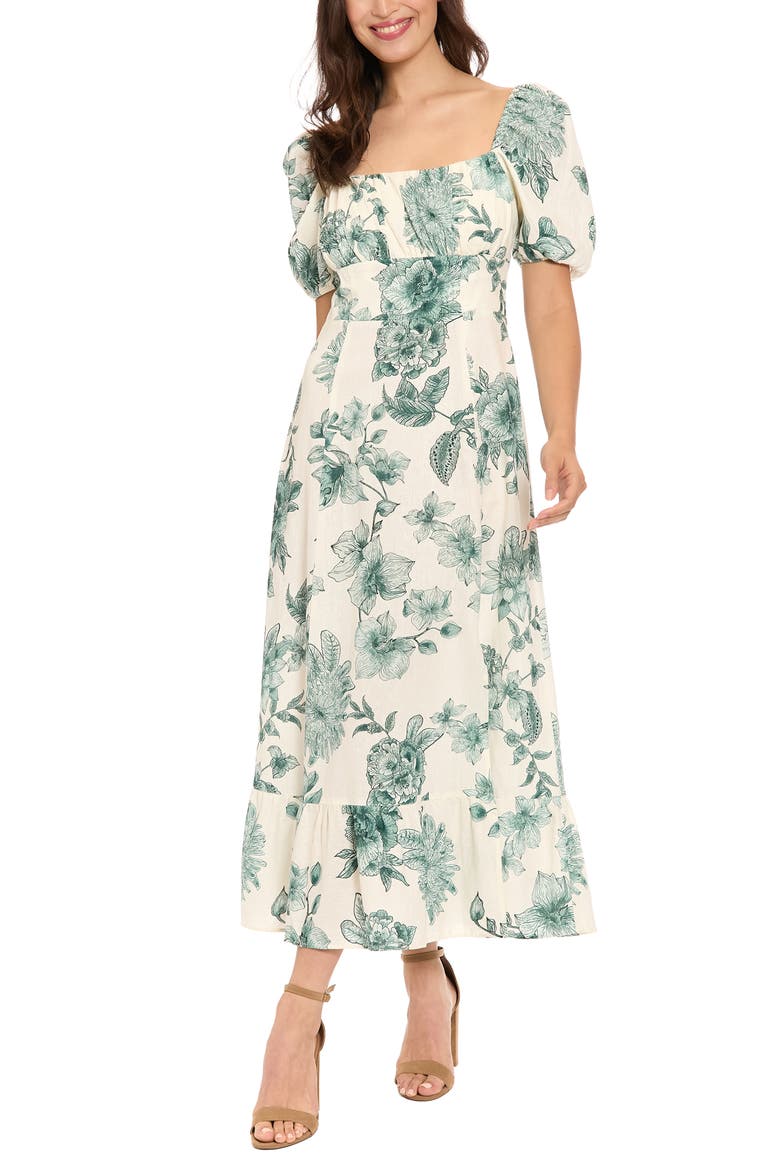 midi empire waist dresses for women Tea Length Brown Vintage Empire waist dress, Scoop Neck Linen Midi dress, Fit and flare dress, 3/4 Sleeve Swing party dress, Xiaolizi 0808#