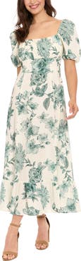 London Times Puff Sleeve Empire Waist Midi Dress