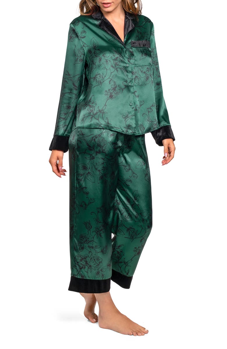 In Bloom by Jonquil Velvet Trim Floral Print Satin Pajamas, Alternate, color, Pine