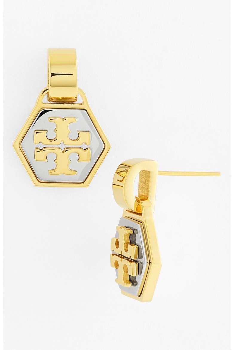 Hexagon Logo Drop Earrings, Main, color, SHINY GOLD/ TORY SILVER
