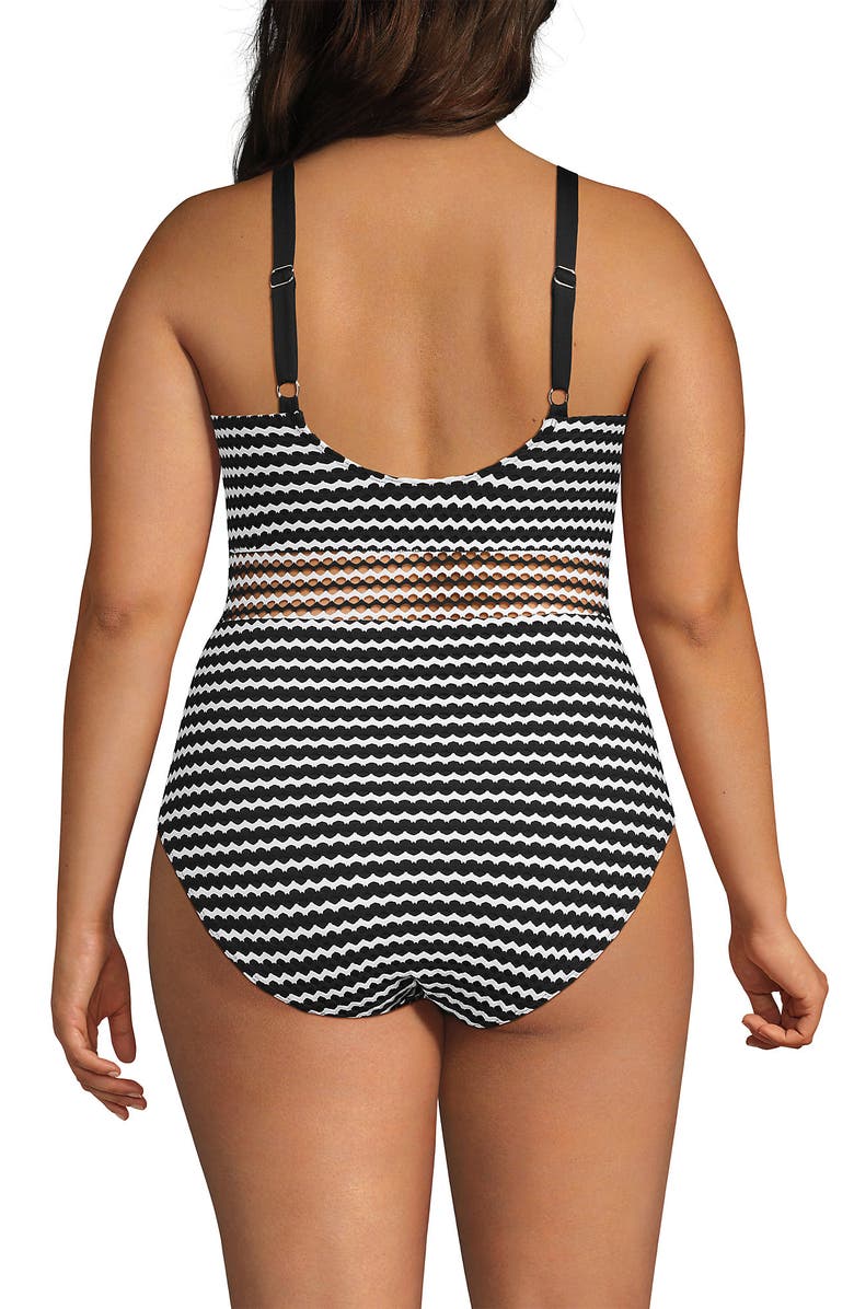 Lands' End Plus Size Crochet Square Neck High Leg One Piece Swimsuit, Alternate, color, Black/White