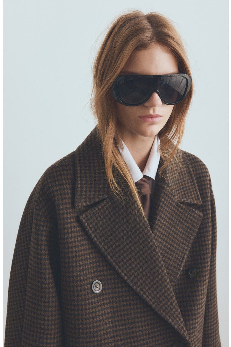 Micro Houndstooth Wool Blend Double Breasted Coat, Alternate, color, BROWN