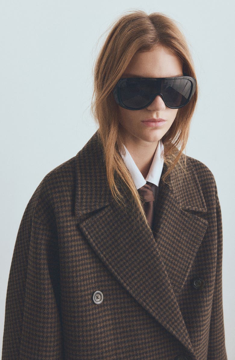 MANGO Micro Houndstooth Wool Blend Double Breasted Coat, Alternate, color, Brown