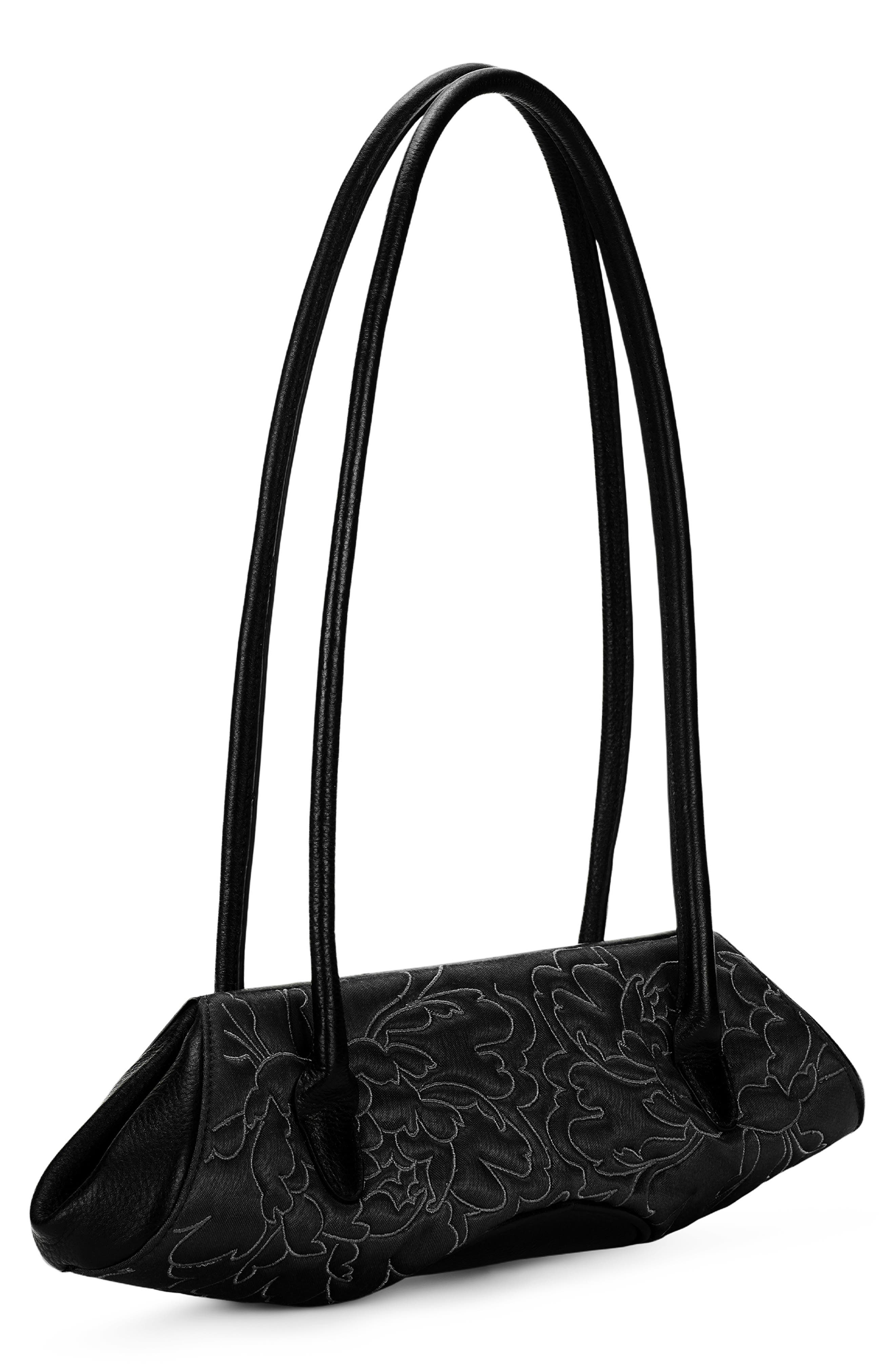 Elizabeth Mini Floral Quilted Leather Baguette Bag, Alternate, color, BLACK/ SILVER