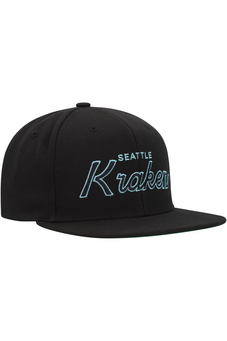 Men's Mitchell & Ness Black Seattle Kraken Core Team Script 2.0 Snapback Hat, Alternate, color, Black