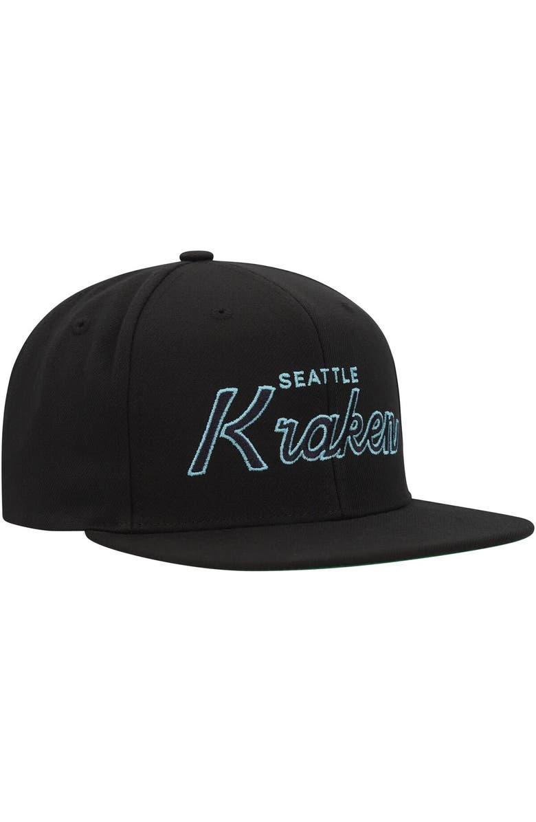 Mitchell & Ness Men's Mitchell & Ness Black Seattle Kraken Core Team Script 2.0 Snapback Hat, Alternate, color, Black