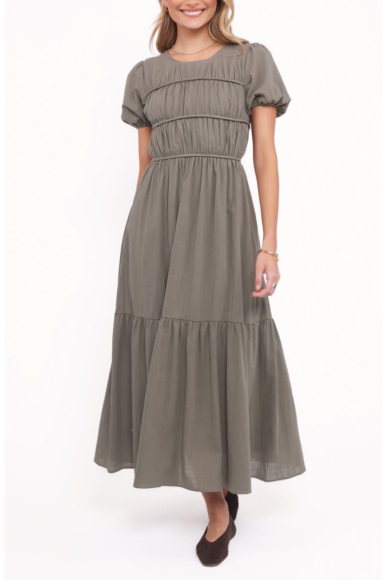 Deloria Shirred Ruffle Maxi Dress, Main, color, OLIVE