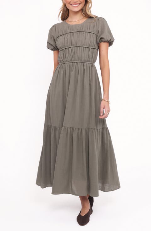 Deloria Shirred Ruffle Maxi Dress