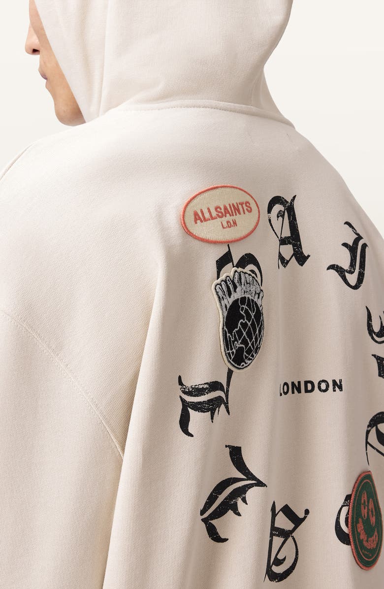 AllSaints Patcher Graphic Cotton Zip Front Hoodie, Alternate, color, Dusk White