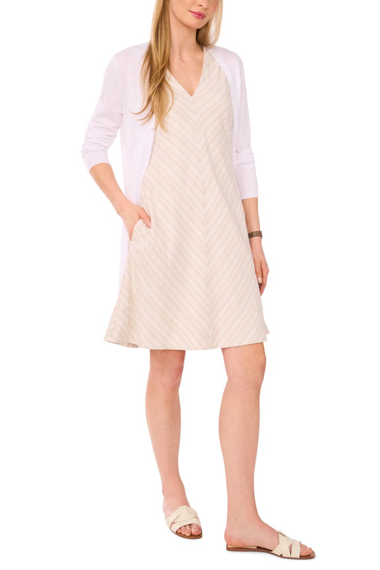 Chevron Stripe V-Neck Sleeveless Dress, Alternate, color, ALMOND MILK