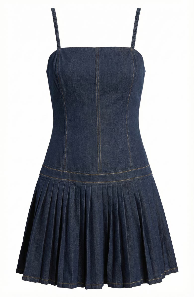 Modenaire Spaghetti Strap Pleated Denim Mini Dress, Alternate, color, Dark Blue