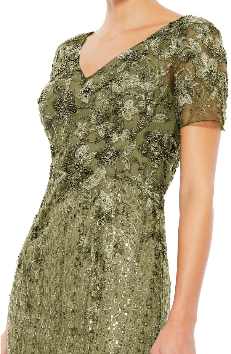 Mac Duggal Embellished V Neck Cap Sleeve Trumpet Gown, Alternate, color, Olive