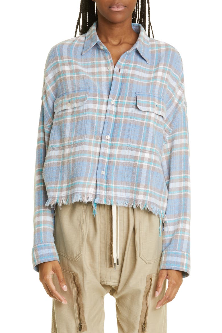 Plaid Cotton Flannel Crop Work Shirt, Main, color, BLUE/ GREEN PLAID