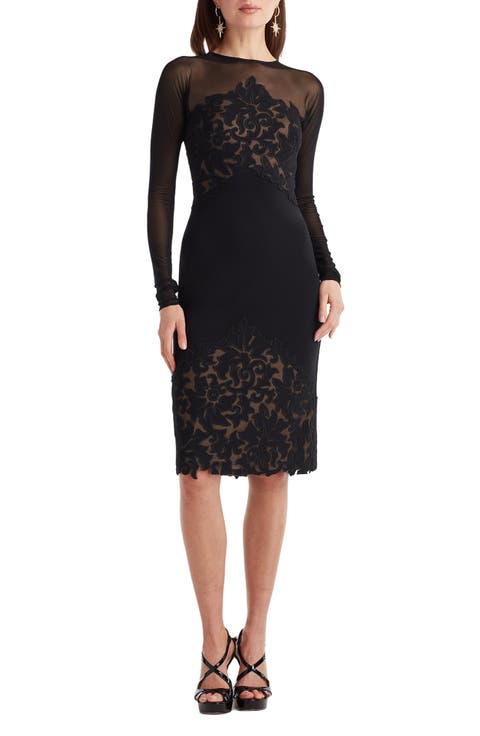 Illusion Neck Laser Cut Long Sleeve Mesh Cocktail Dress