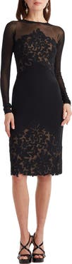 Tadashi Shoji Illusion Neck Laser Cut Long Sleeve Mesh Cocktail Dress