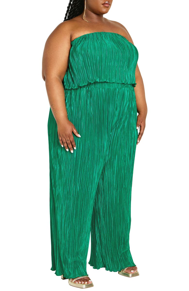 City Chic Hailee Strapless Plissé Jumpsuit, Alternate, color, Greenstone