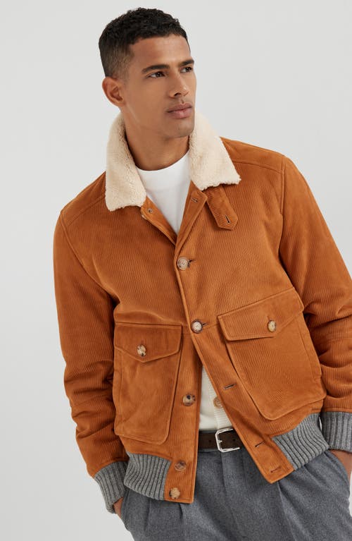 Brunello Cucinelli Suede Shearling Aviator Jacket In Multi
