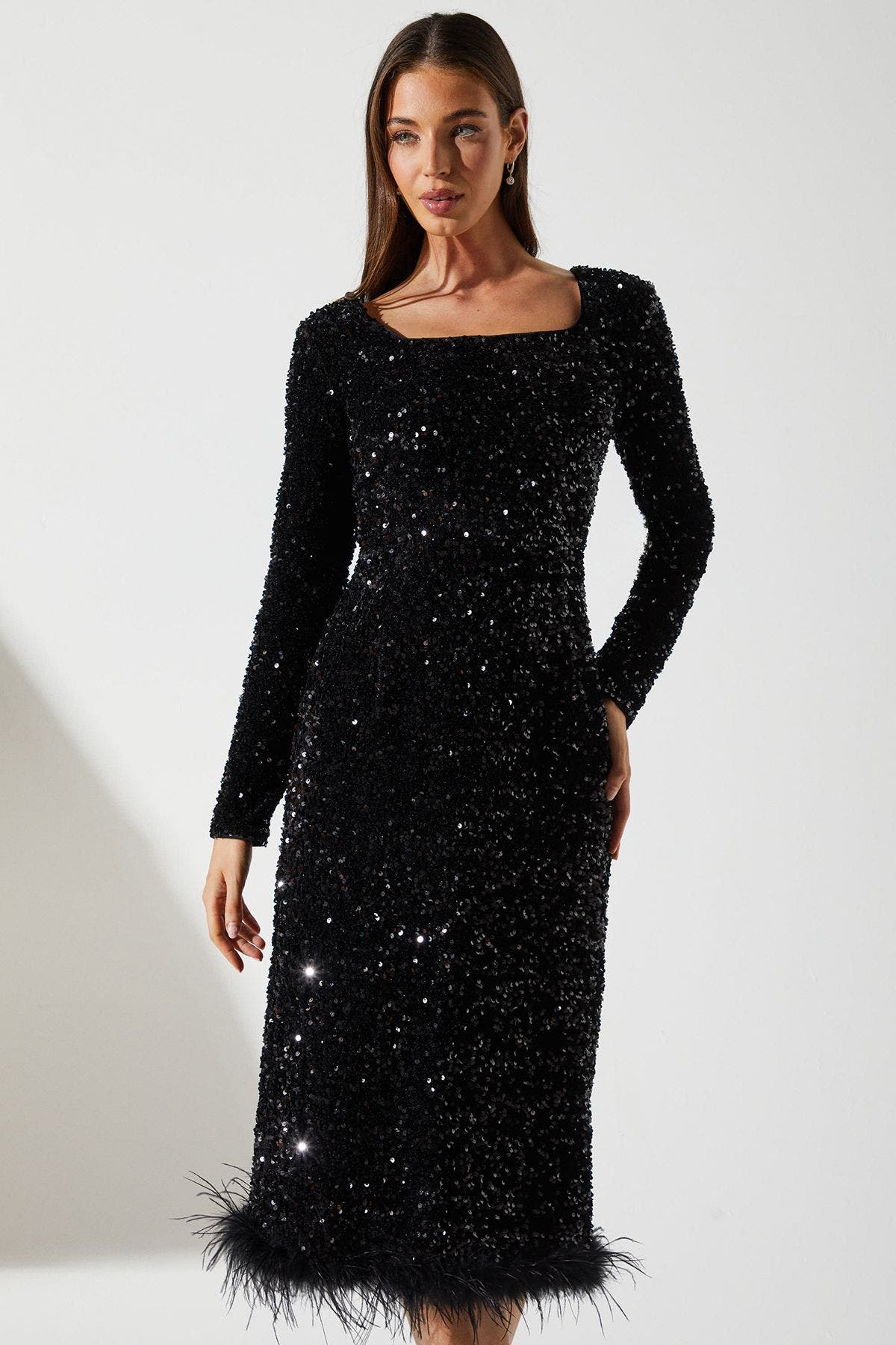Sequin Feather Hem Party Midi Dress - image 2