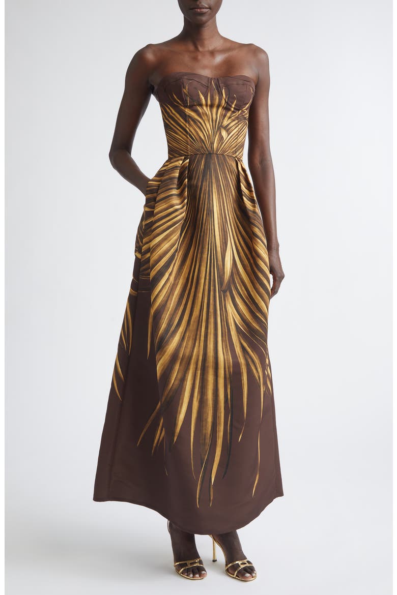 Palm Print Strapless Faille Dress, Main, color, BROWN/ BROWN