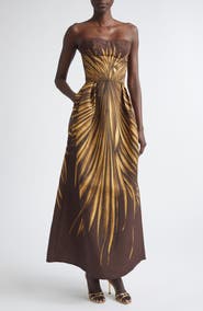 Oscar de la Renta Palm Print Strapless Faille Dress
