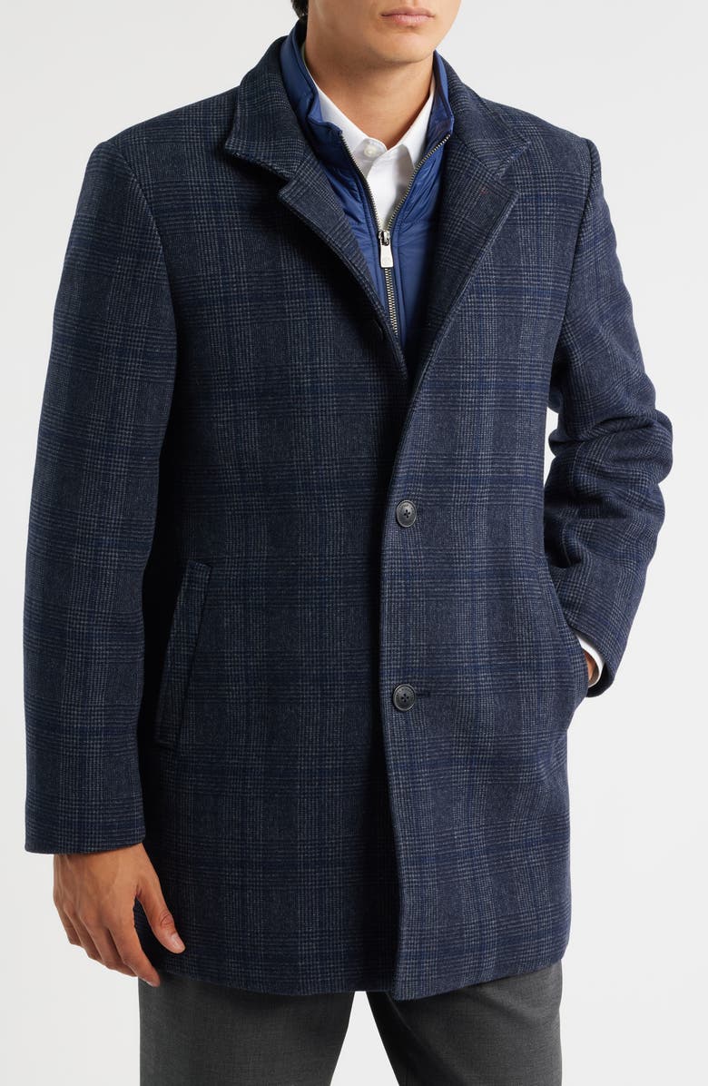 Hart Schaffner Marx Mason Plaid Wool Blend Overcoat with Quilted Bib, Alternate, color, Navy Plaid