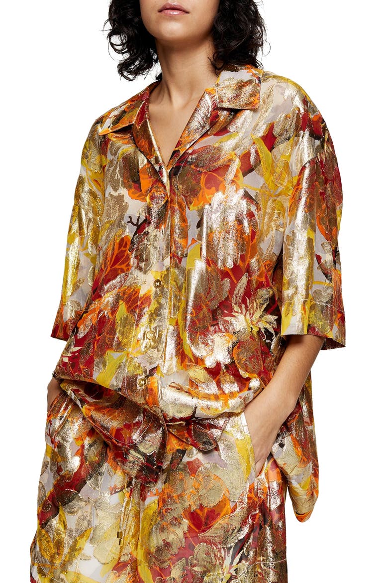 Metallic Jacquard Split Shirt, Main, color, GOLD MULTI
