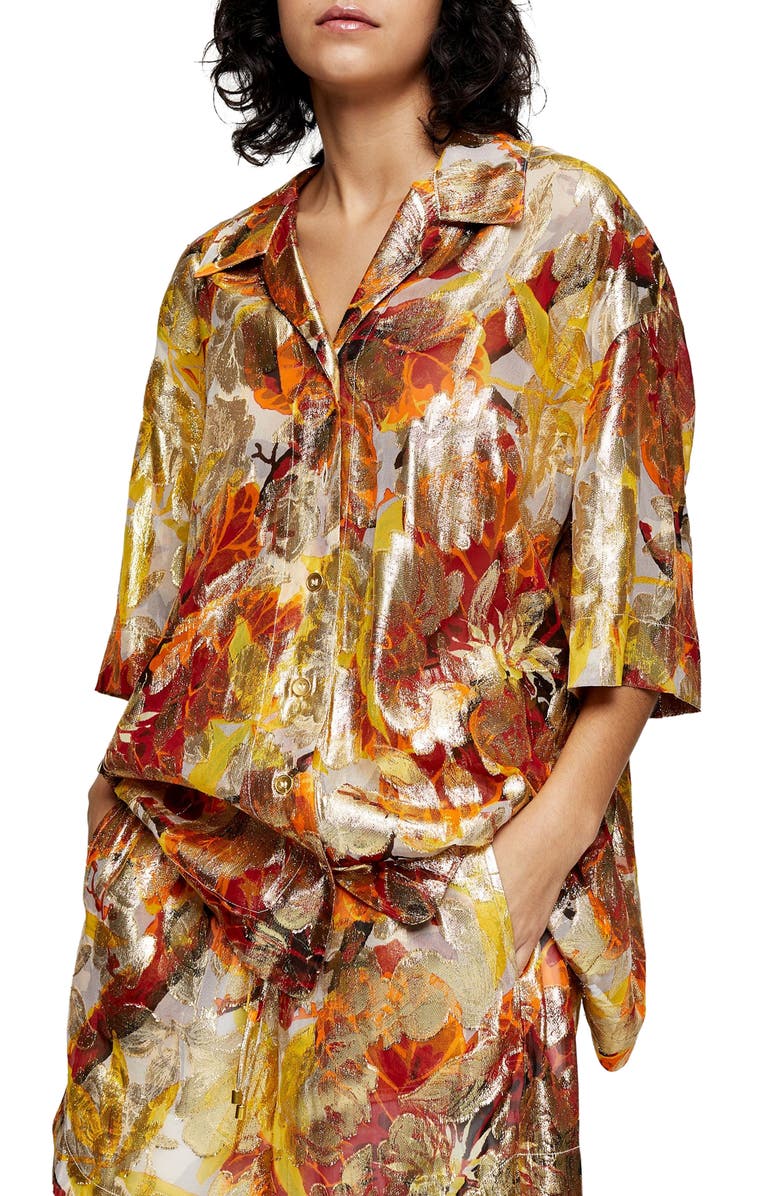 Topshop Metallic Jacquard Split Shirt, Main, color,