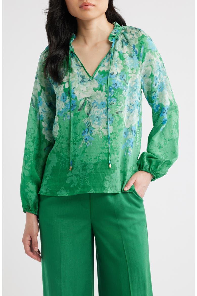 Floral Ruffle Balloon Sleeve Chiffon Top, Main, color, GREEN BLUE