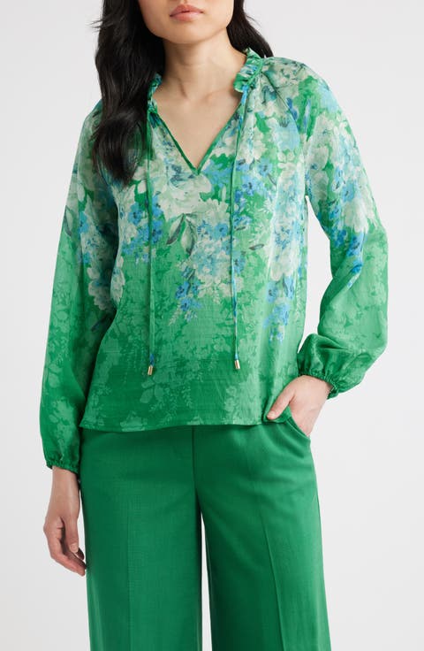 Floral Ruffle Balloon Sleeve Chiffon Top