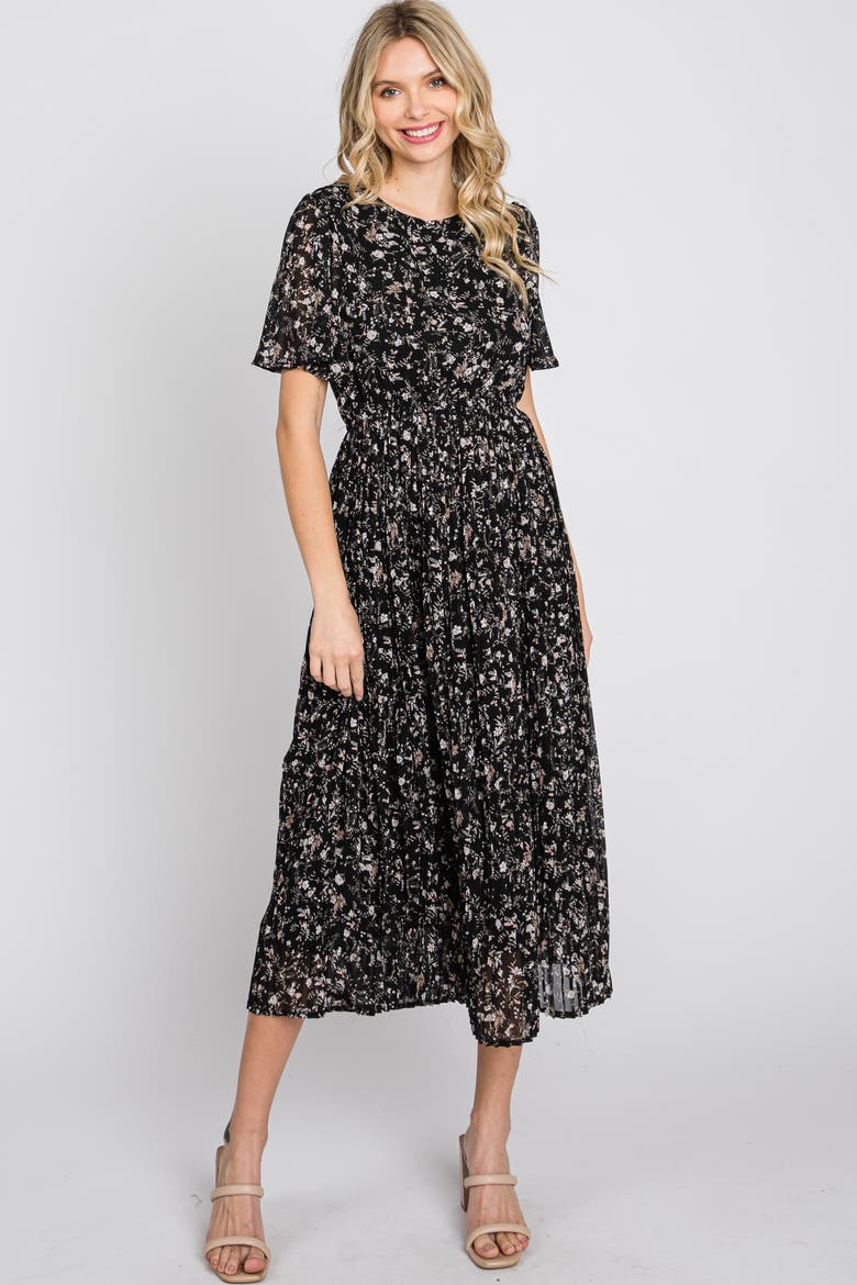 Floral Pleated Chiffon Midi Dress, Alternate, color, Black