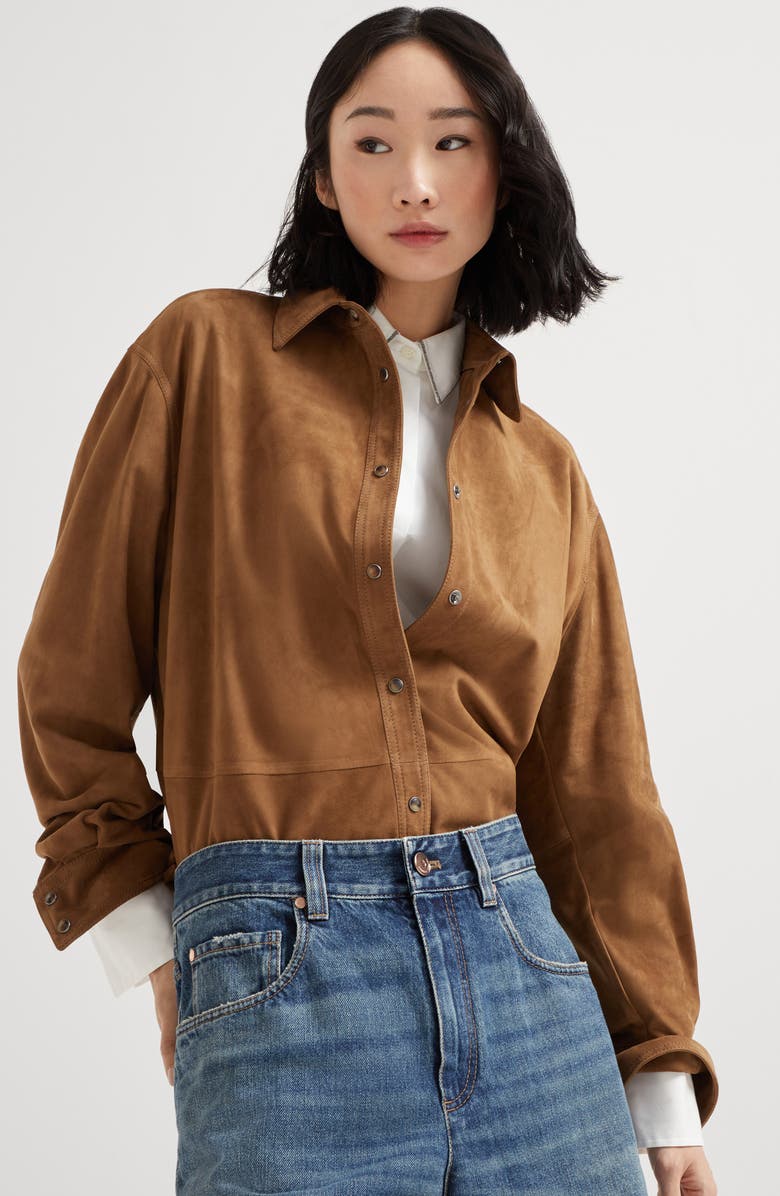 Brunello Cucinelli Suede shirt with monili, Alternate, color, Light Brown