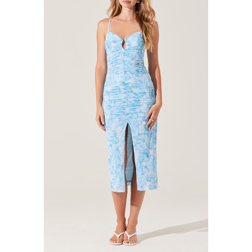 Astr The Label Palmero Floral Print Ruched Sleeveless Maxi Dress In Blue Multi Floral