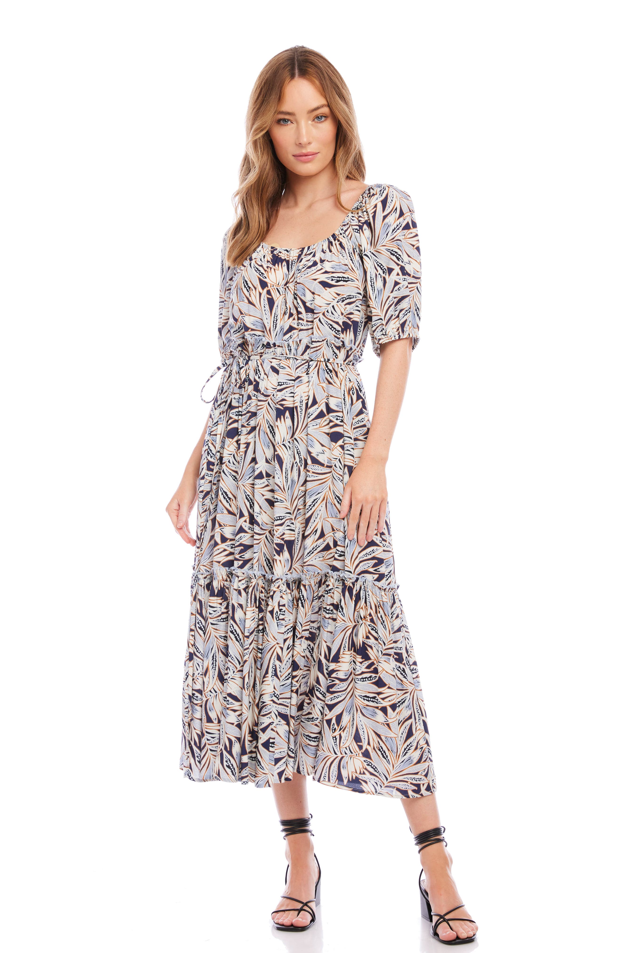 Karen Kane Palm Print Puff Sleeve Midi Dress (Women) | Nordstromrack