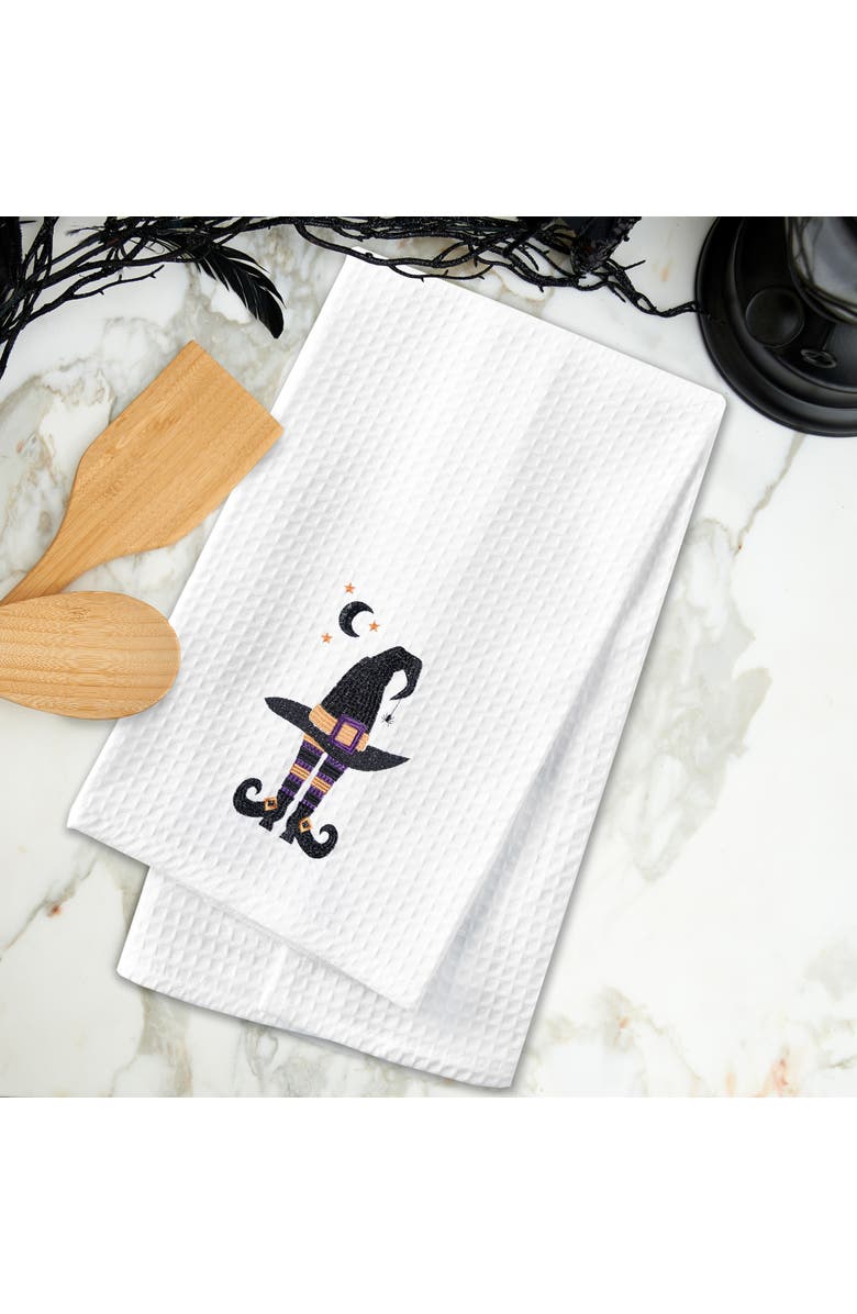 C&F Home Witchy Hat with Waning Crescent Moon Halloween Embroidered Cotton Waffle Weave Dishtowel, Alternate, color, Black