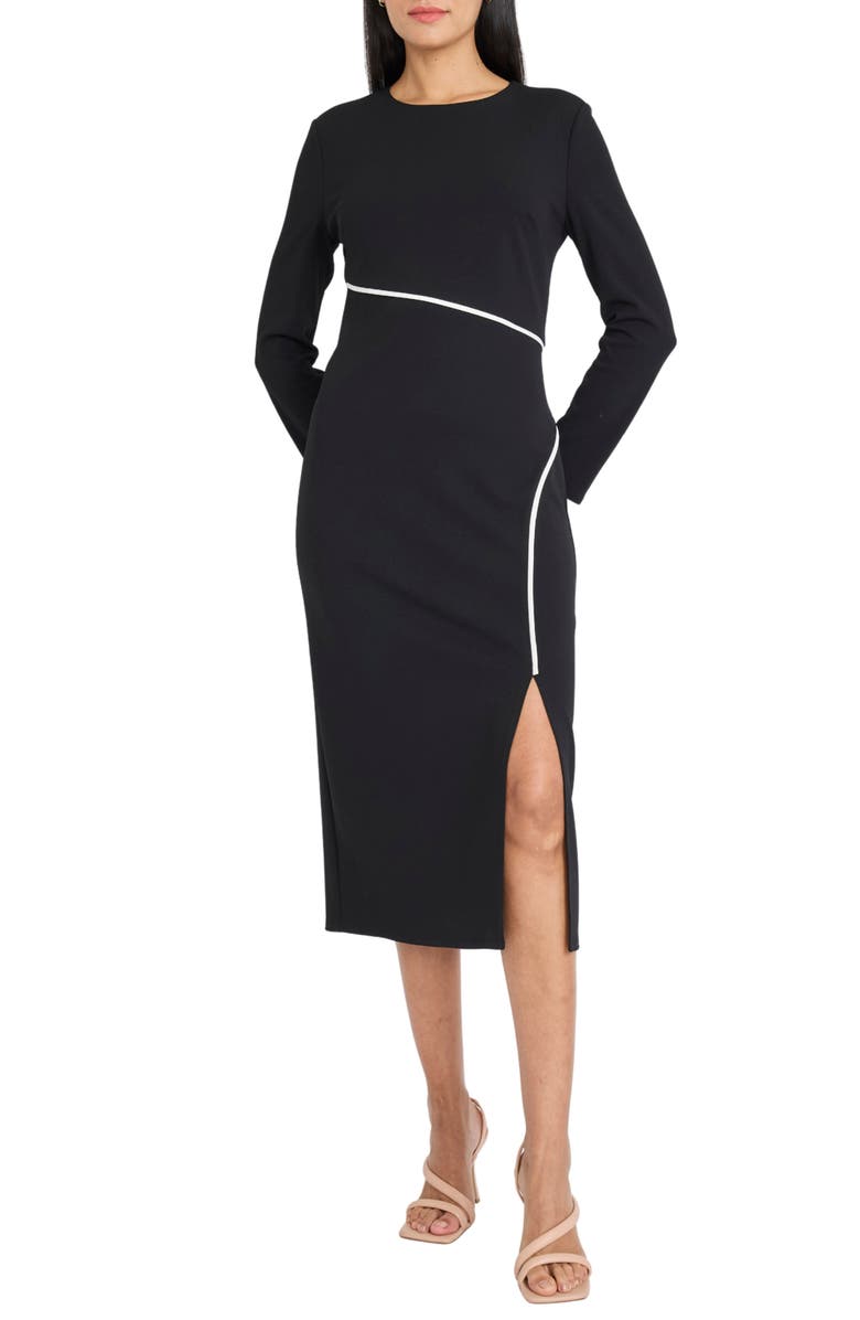 DONNA MORGAN FOR MAGGY Piped Long Sleeve Midi Sheath Dress, Main, color, Black/ Ivory