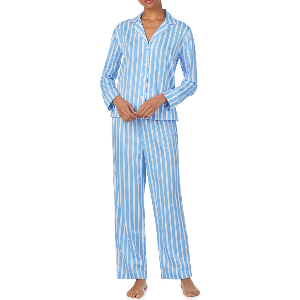 Shop Ralph Lauren Lauren Stripe Cotton Blend Pajamas In Blue Print