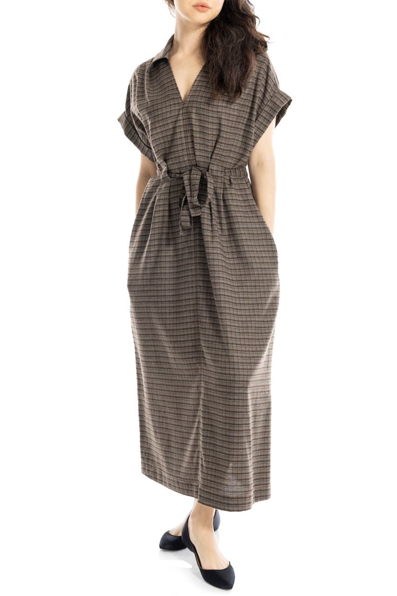 Plaid Short Sleeve Tie Waist Maxi Dress, Alternate, color, BROWN-53385