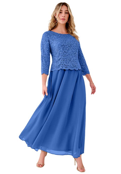 Petite Plus Size Sequin Lace Three Quarter Sleeve A-Line Gown (Plus)